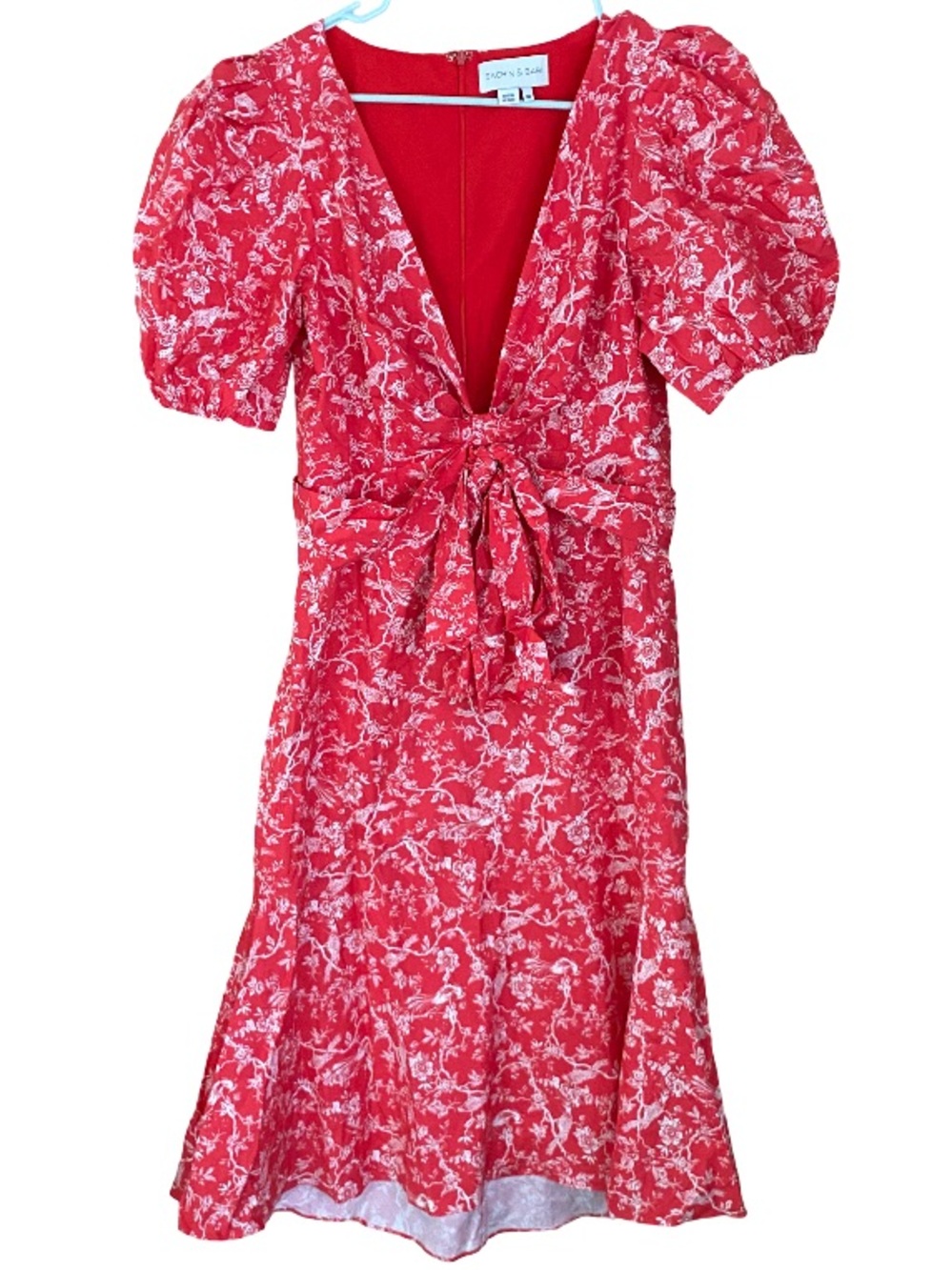 Sachin & Babi red floral toile cotton puff sleeve tie front midi dress size 10